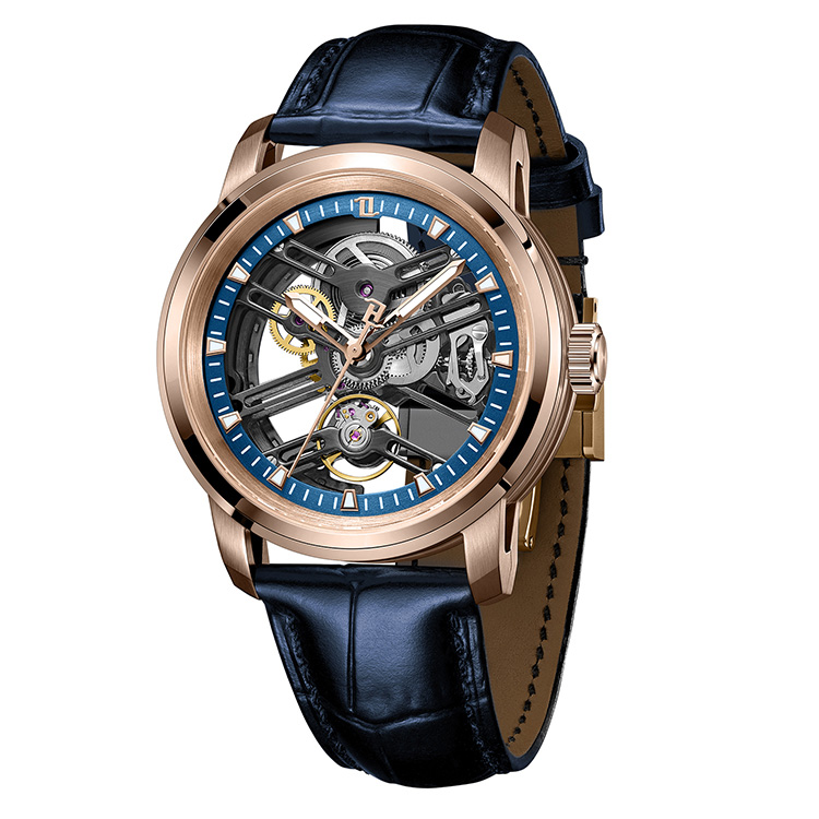 Skeletonized mechanical watch with rose gold case, blue dial ring, and blue leather strap