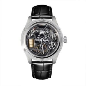 Industrial barrel style skeleton mechanical watch, custom luxury automatic timepiece manufacturing supply for brands.