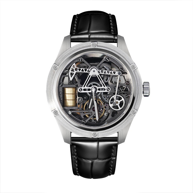 Industrial barrel style skeleton mechanical watch, custom luxury automatic timepiece manufacturing supply for brands.