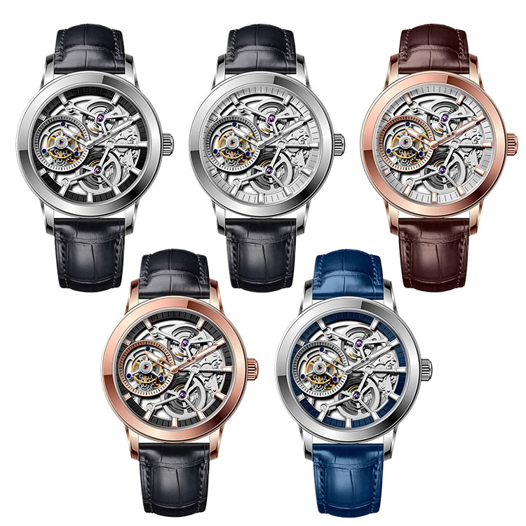 Multi-color luxury skeleton tourbillon watches collection in silver, rose gold, black, and blue, bespoke B2B OEM by WatchesHome.
