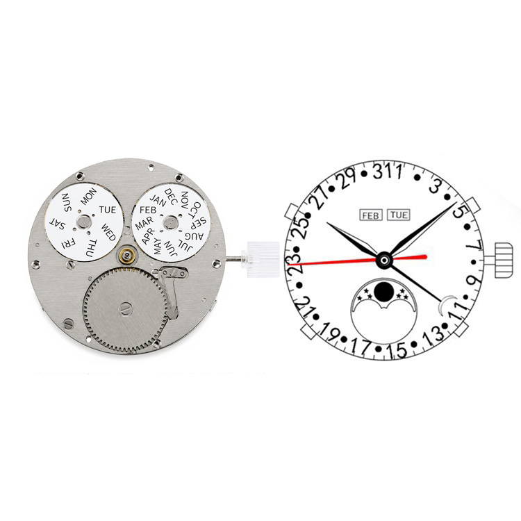 Miyota 9015 modified movement module with full calendar and moon phase complication