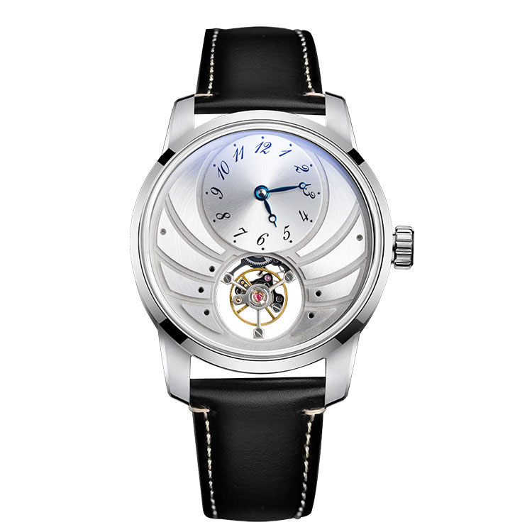 Silver dial skeleton mechanical watch, custom luxury open heart automatic timepiece manufacturing supplier for brands.