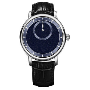 Blue aventurine wandering hour watch on wrist, private label production by WatchesHome workshop