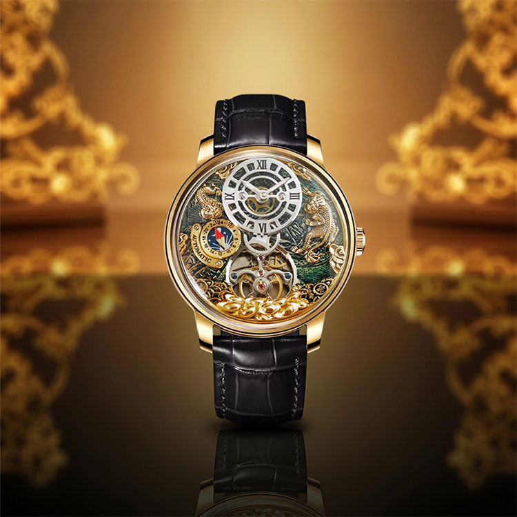Luxury mechanical watch with 3D sculpted dragon qilin dial, automatic micro-sculpture timepieces supply for watch brands.