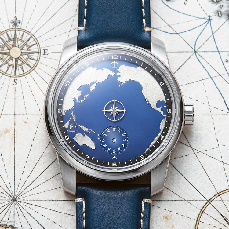 Custom wandering hour mechanical watch with nautical blue map dial by OEM watch manufacturer