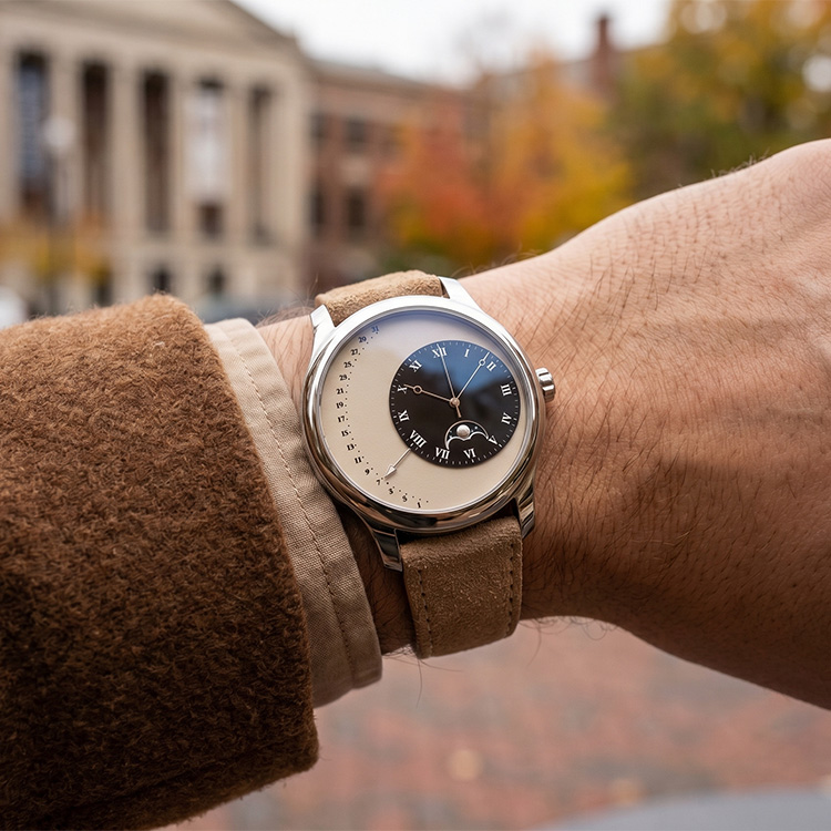 Premium retrograde date moonphase automatic watch on wrist, luxury mechanical lifestyle timepiece for brand owner supply.