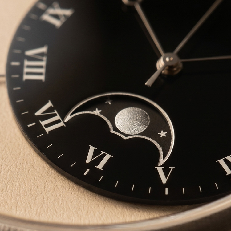 Macro shot of retrograde watch dial with moonphase complication, custom automatic watch components for microbrands.