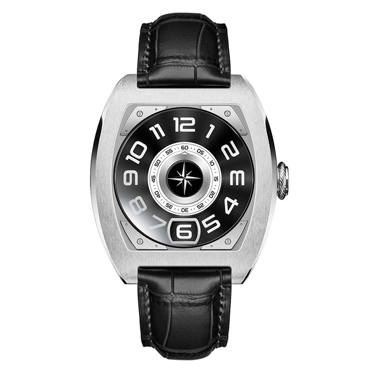 Custom tonneau-shaped mechanical watch with jumping hour display and leather strap