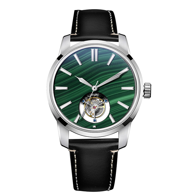 Malachite gemstone dial open heart mechanical watch, bespoke luxury timepiece factory by WatchesHome.