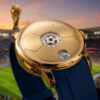 Gold soccer theme mechanical watch with jumping hour dial, custom sports automatic timepiece manufacturing for brands.