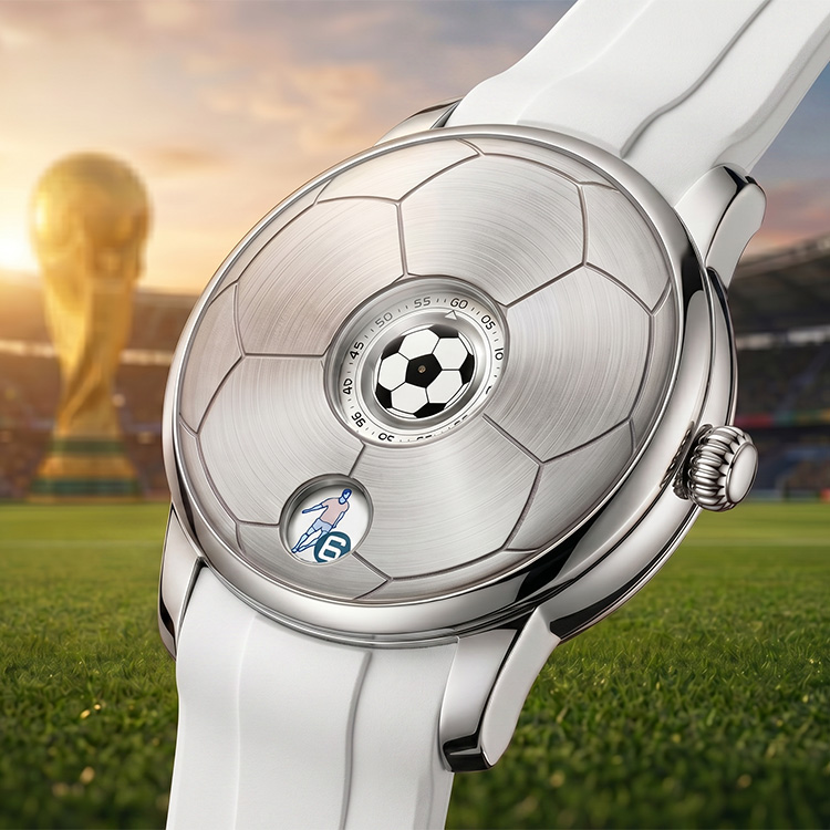 Soccer theme mechanical watch on football field background, custom sports timepiece manufacturing for global watch brands.