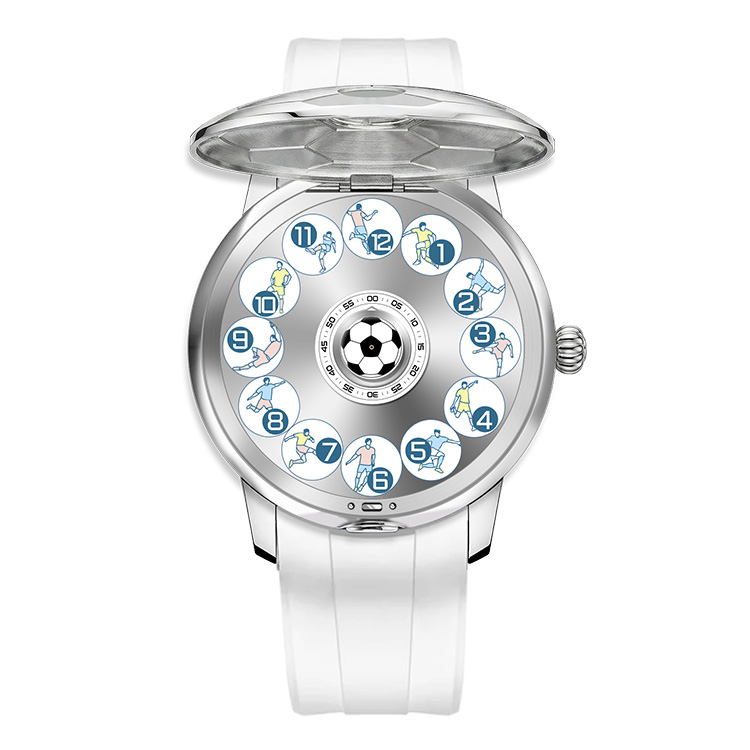 Soccer theme mechanical watch with an opening cover, custom automatic football timepiece manufacturing supply for brands.