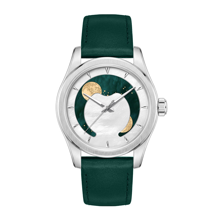Moonphase mechanical watch with elegant champagne dial and light brown leather strap