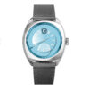 Custom ice blue dial jumping hour watch with cushion steel case and grey strap