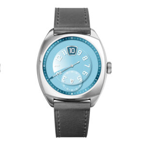 Custom ice blue dial jumping hour watch with cushion steel case and grey strap