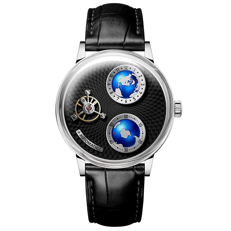 Custom dual hemisphere world time mechanical watch with flying balance wheel by OEM manufacturer
