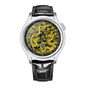 Custom 3D gold dragon relief jump hour watch with green center jewel and black leather strap