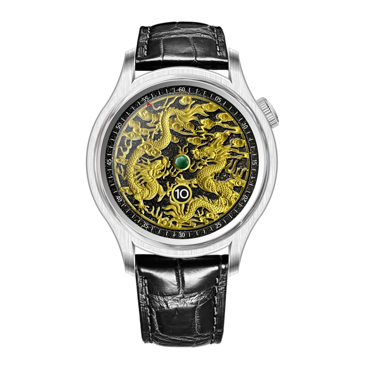 Custom 3D gold dragon relief jump hour watch with green center jewel and black leather strap