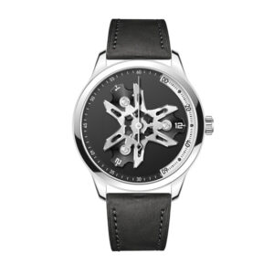 Custom industrial style mechanical watch with wheel hub skeleton dial and black strap