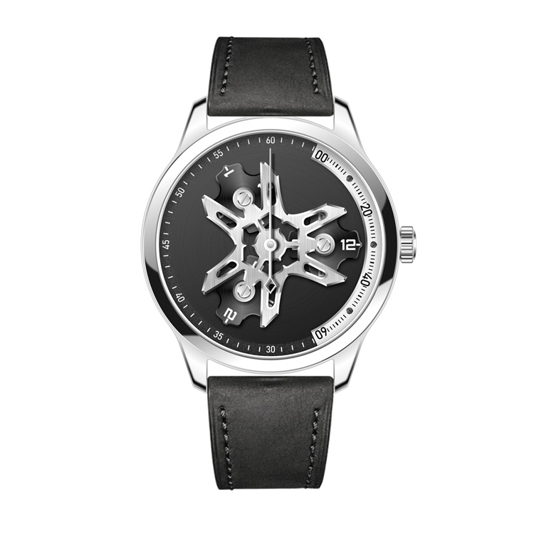 Custom industrial style mechanical watch with wheel hub skeleton dial and black strap