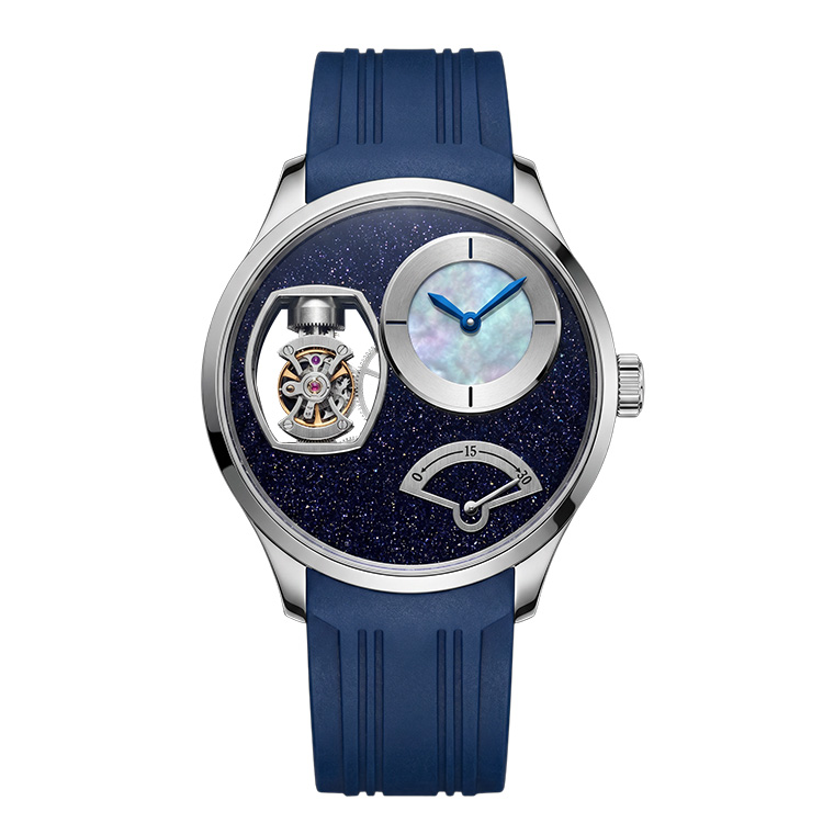 Custom vertical tourbillon watch with starry aventurine dial and blue rubber strap