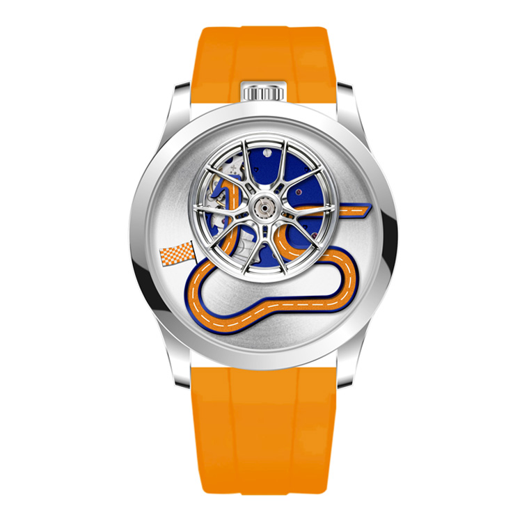 Custom side view racing watch with front wheel hub rotor and orange rubber strap