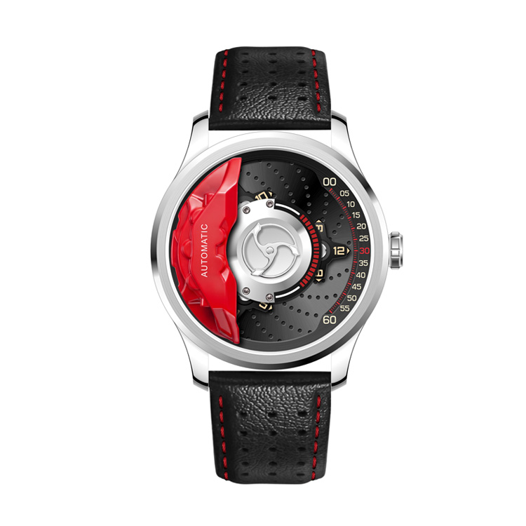 Custom racing watch with red brake caliper wandering hour display