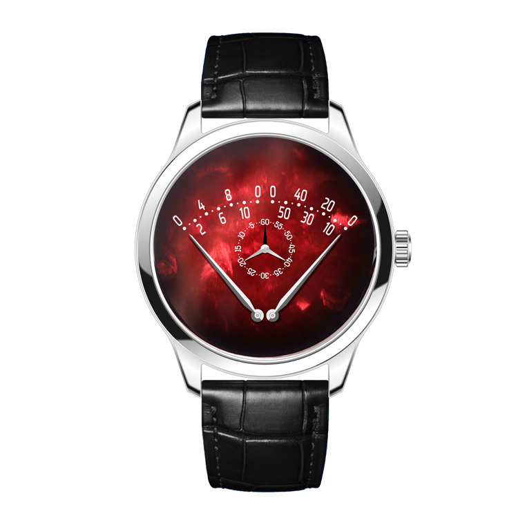 Custom double retrograde watch with red mother of pearl dial and modified Miyota 9015 caliber